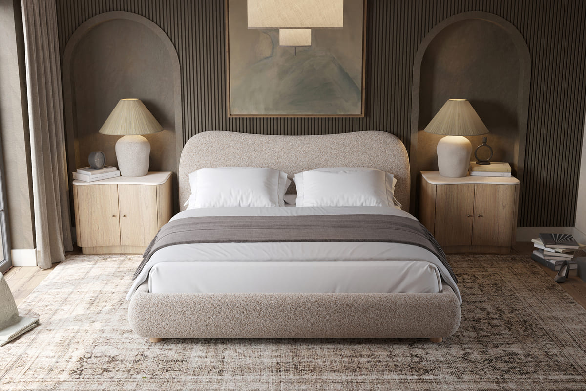 Oliver Bed – Curved Boucle Upholstered