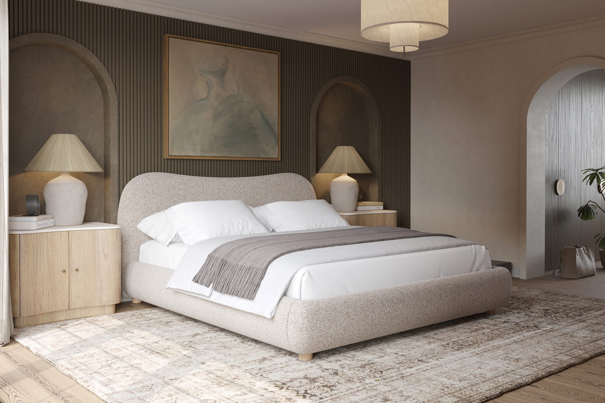 Oliver Bed – Curved Boucle Upholstered