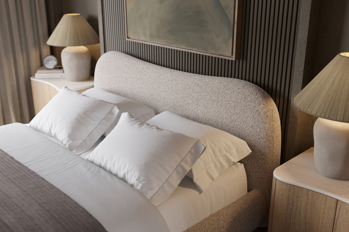 Oliver Bed – Curved Boucle Upholstered