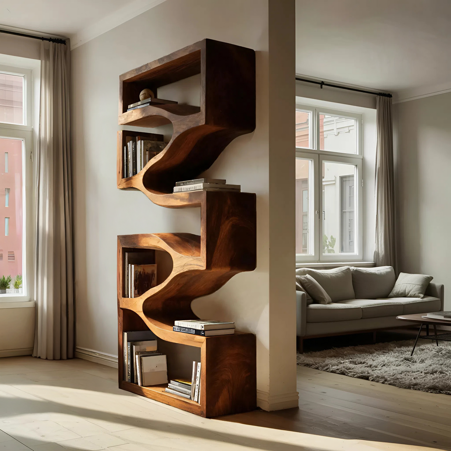 Sculptural Wooden Wall Bookcase For Modern BedRoom