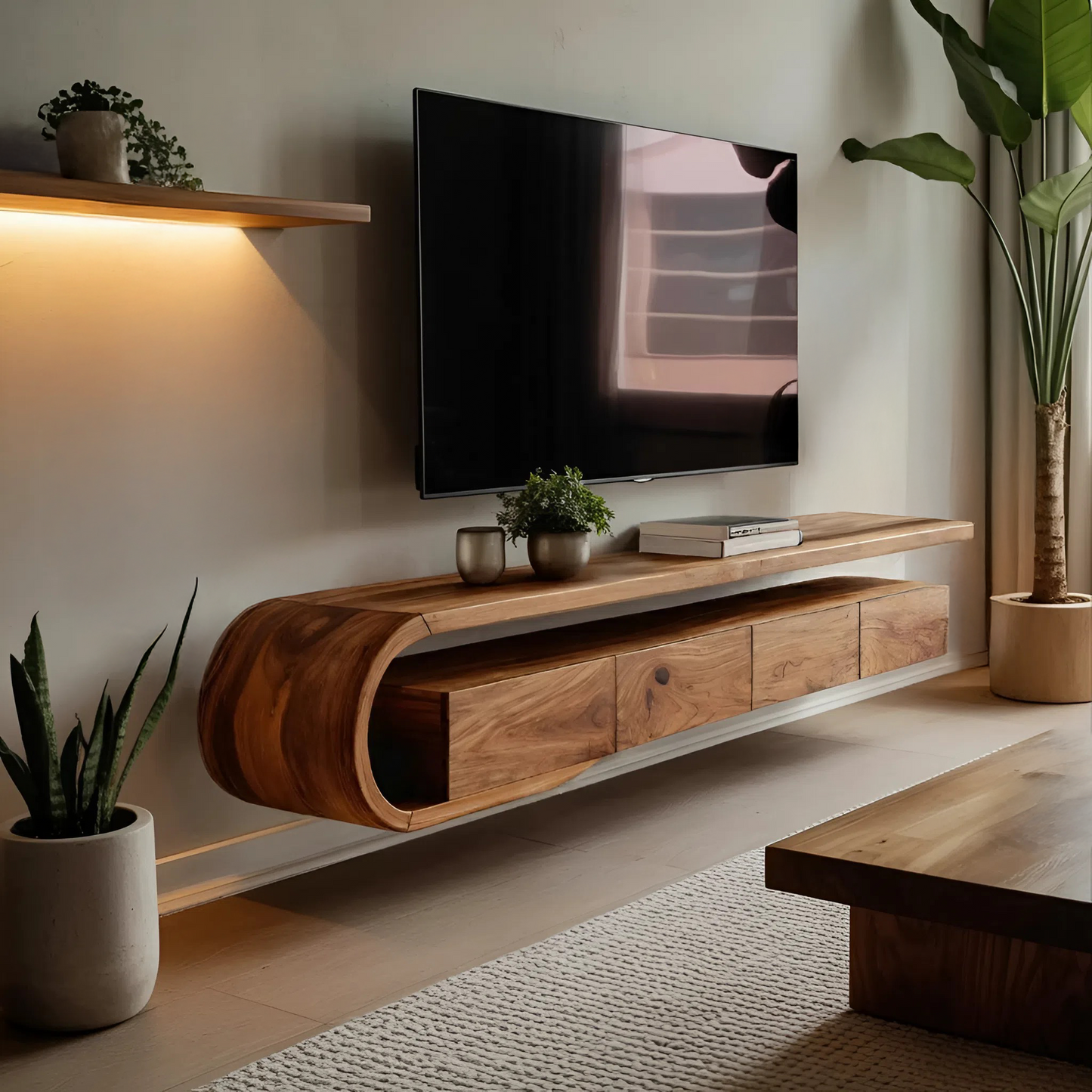Modern Sculptural Wall Mounted TV Console For Living Room